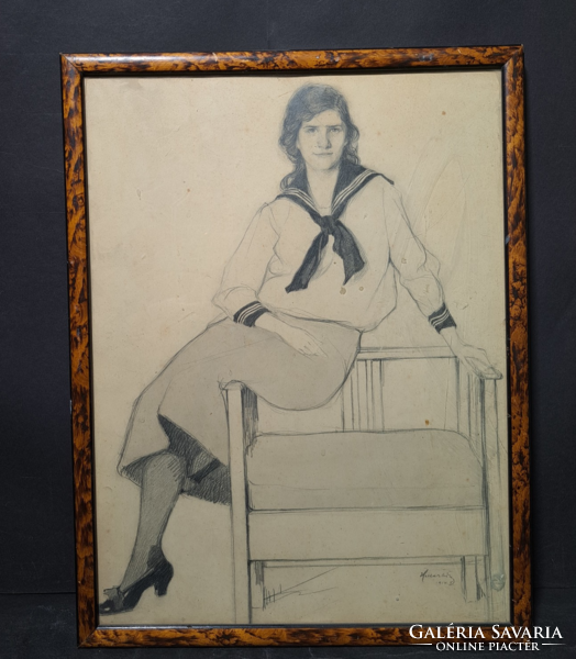 Heller Ödön (1878-1921): Matrózruhás diáklány, 1914, grafitceruza (teljes méret 42x32 cm)