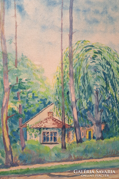 Nyaraló - bájos akvarell (teljes méret 38,5x52 cm) utcakép azonosítatlan jelzéssel