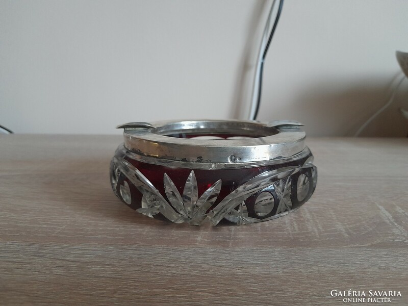 Beautiful silver and burgundy crystal ashtray