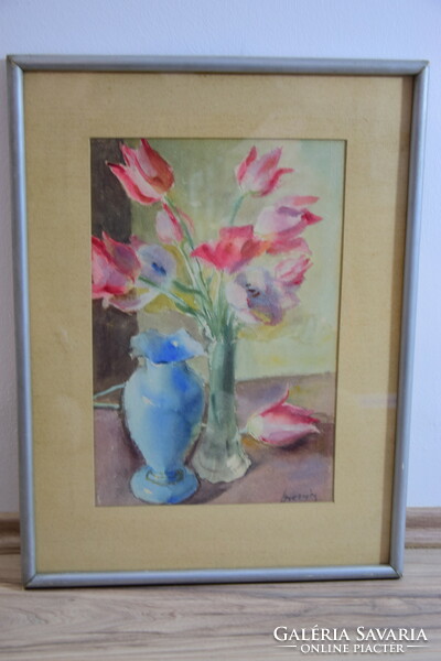 Ismeretlen festő csendélet tulipánok akvarell virágok szignó van
