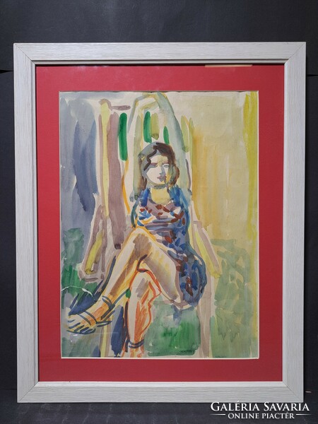 Éva Káplár: stretching - watercolor (size with frame 41x51 cm) female portrait