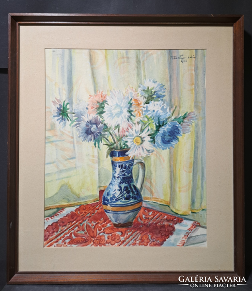Pattantyus Sára: Virágcsendélet - 1983, akvarell (teljes méret 52x59 cm) Pattantyúsné Loy Sári