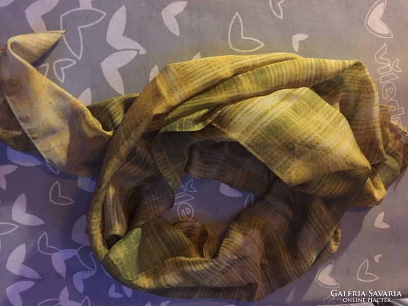 Muslin scarf, with a geometric pattern, in mustard - beige-green color
