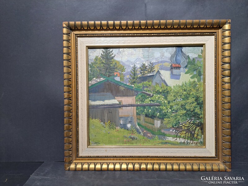 Street scene oil painting with nice frame - kurt mueller 1913 (full size 42x37.5 cm) houses, village