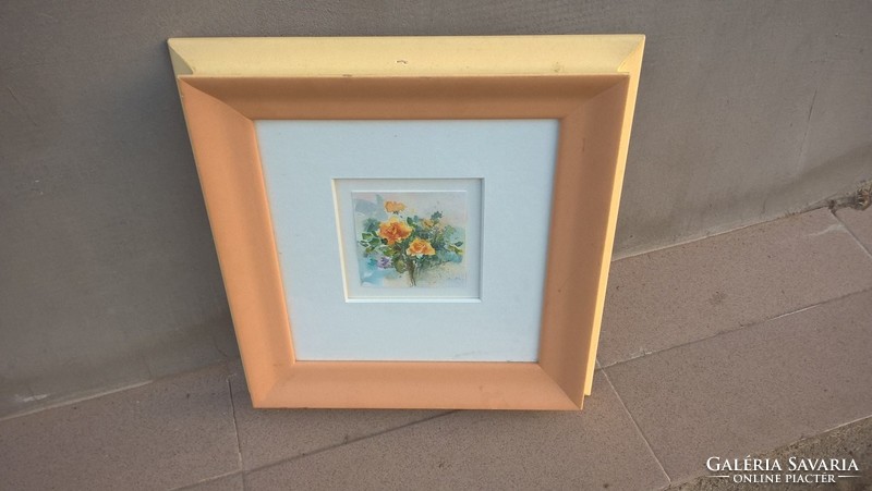 (K) beautiful small floral still life watercolor 28x28 cm with frame