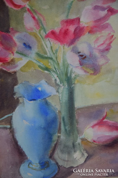 Ismeretlen festő csendélet tulipánok akvarell virágok szignó van
