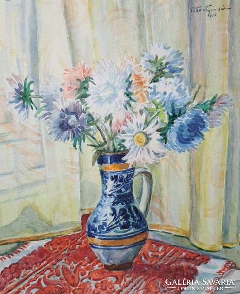 Sara Pattanyus: flower still life - 1983, watercolor (full size 52x59 cm) Sara Pattanyus né loy