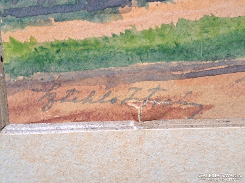 Nyaraló - bájos akvarell (teljes méret 38,5x52 cm) utcakép azonosítatlan jelzéssel