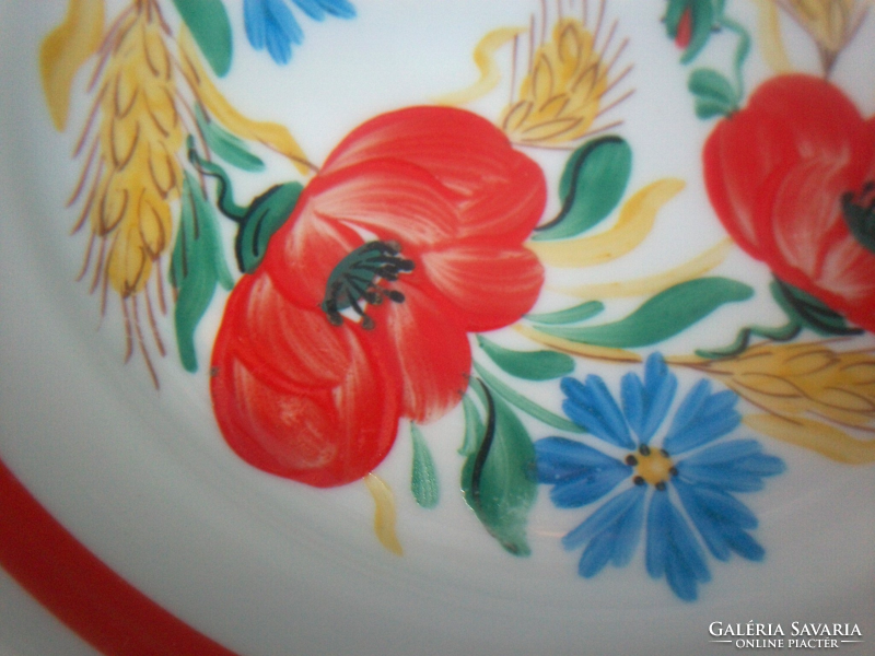 Red poppy pattern on hand-painted porcelain wall plate with cornflowers and ears