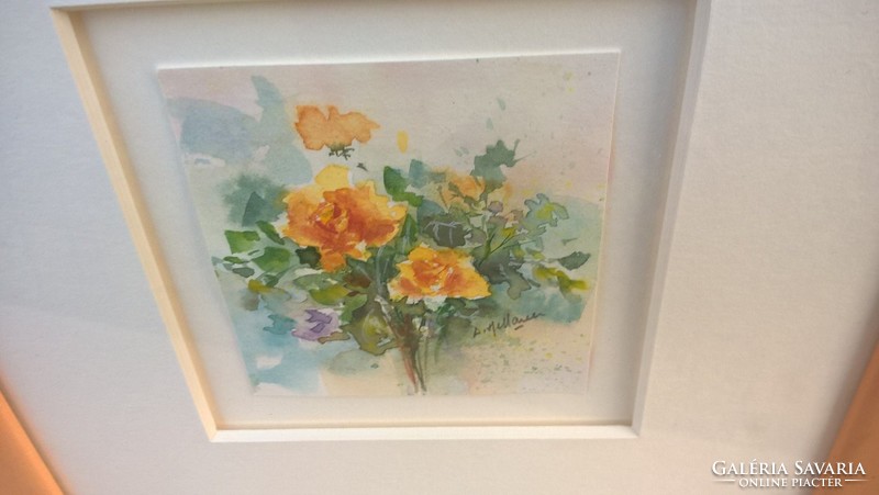 (K) Szép aprócska virágcsendélet akvarell  28x28 cm kerettel