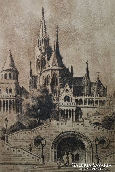 József Vertel (1922 – 1993): fisherman's bastion, Matthias Church (Budapest, etching)