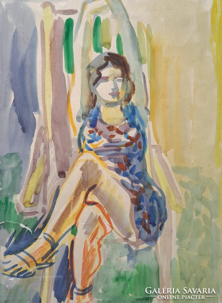 Káplár Éva: Nyújtózkodó - akvarell (mérete kerettel 41x51 cm) női portré