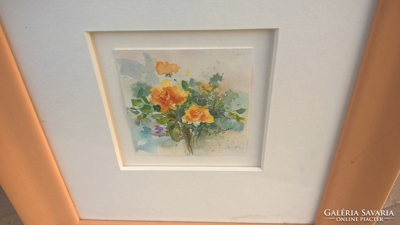(K) beautiful small floral still life watercolor 28x28 cm with frame