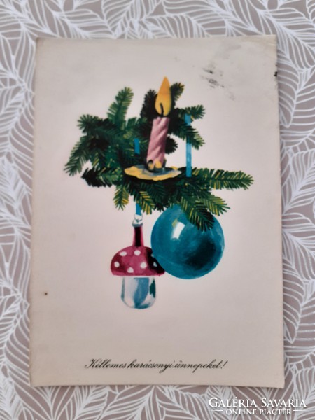Retro Christmas card old postcard mushroom candle pine branch