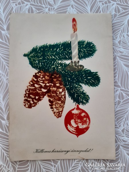 Retro karácsonyi képeslap régi levelezőlap fenyőág toboz