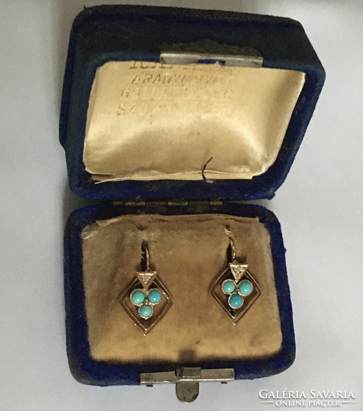 Art deco gold earrings with turquoise diamonds in original box, antique