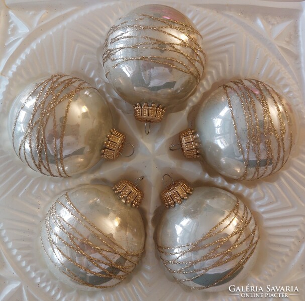 Retro üveg karácsonyfadísz arany csillámos gömb üvegdísz 5 db