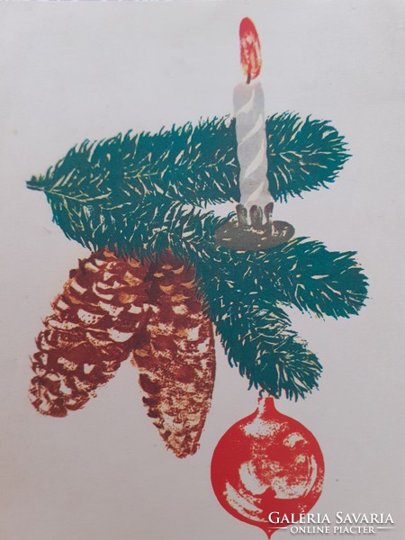 Retro Christmas card old postcard pine branch cone