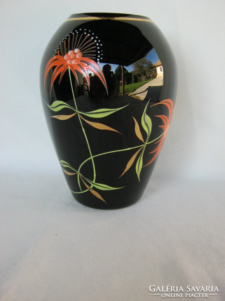 Retro ... fekete üveg virág mintás váza