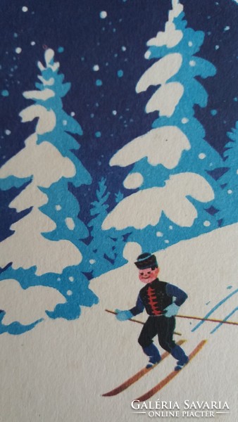 Régi karácsonyi képeslap 1965 rajzos levelezőlap síelő havas táj