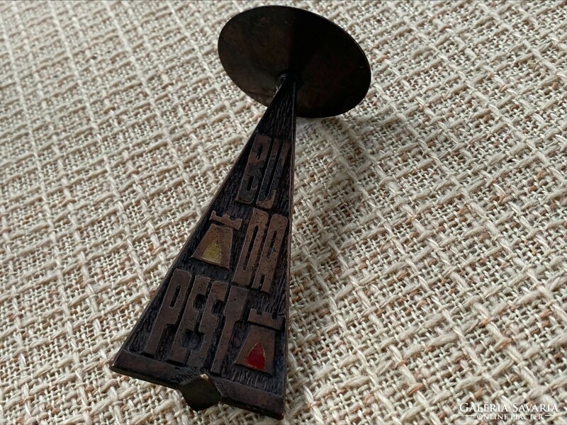 Retro applied arts copper candle holder with Budapest inscription (buda pest)