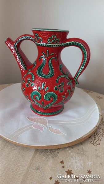 Antique gmunder ceramic spout, beautiful burgundy color with green folk pattern, hand painted, marked