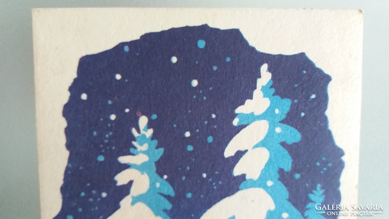 Régi karácsonyi képeslap 1965 rajzos levelezőlap síelő havas táj