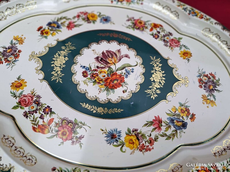 Gyönyörű virágos angol pléh tálca Daher Decorated Ware  Gyűjtői ritka darab zománcos