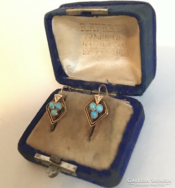 Art deco gold earrings with turquoise diamonds in original box, antique