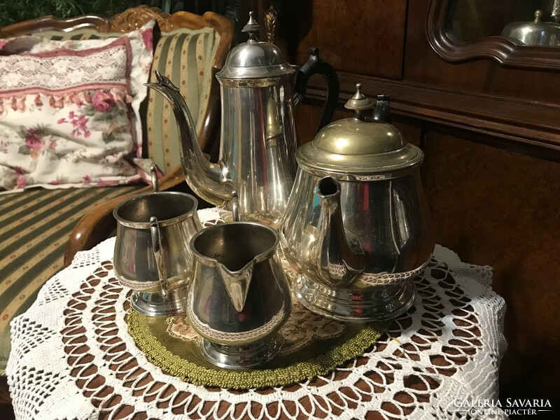 Ritka! Több, mint 100 éves, antik, ezüstözött, alpakka, 4 db-os, teás-kávés készlet, vastag minőség