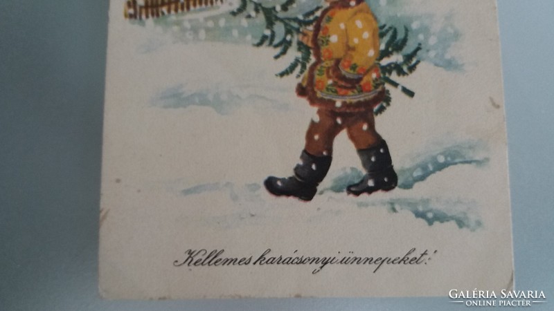 Régi karácsonyi képeslap 1958 rajzos levelezőlap hóesés