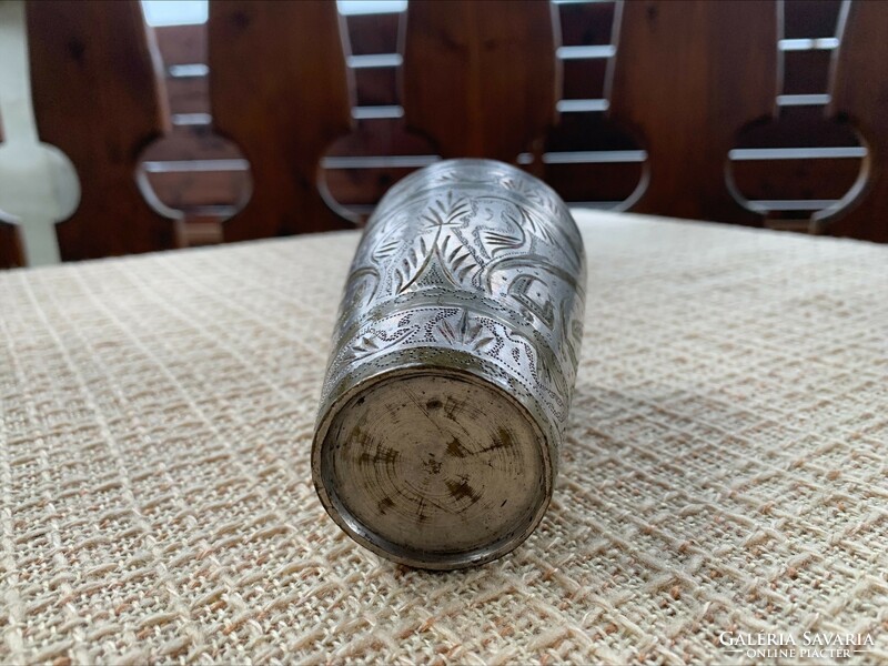 Old Indian handcrafted copper cup with meticulously decorated engraved pattern