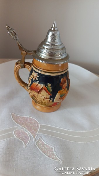 Vintage (early 1900s) German scene majolica jug with embossed pewter lid, marked,