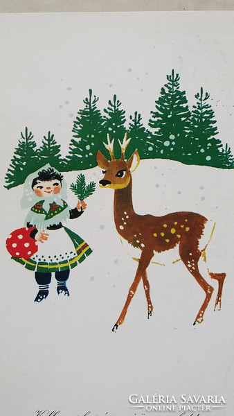 Régi karácsonyi képeslap rajzos levelezőlap őzike kislány havas erdő