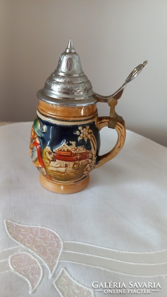 Vintage (early 1900s) German scene majolica jug with embossed pewter lid, marked,