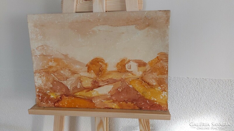 (K) Tájkép festmény kartonon kis tanyával 47x34 cm