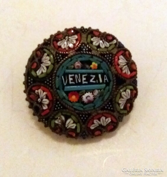 Micromosaic floral brooch with handmade/Venice lettering