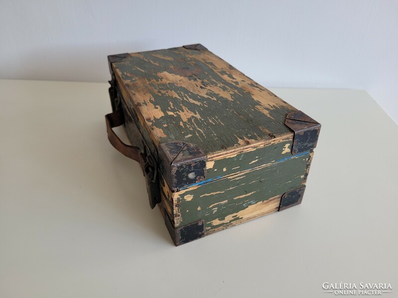 Old military wooden chest bag suitcase with leather handle with corner hardware