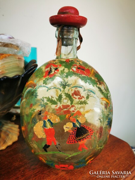 Antique painted folk glass bottle,