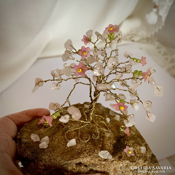 Bonsai Ékszerfa szerencsefa rózsakvarc kövekből, életfa, pénzfa, kristályfa rózsa kvarc