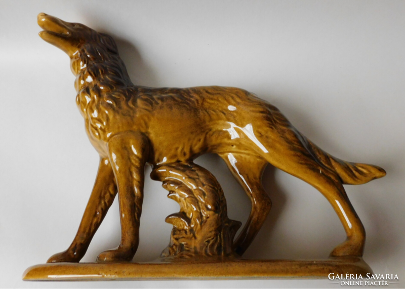 Large faience dog with honey brown glaze - Russian Greyhound