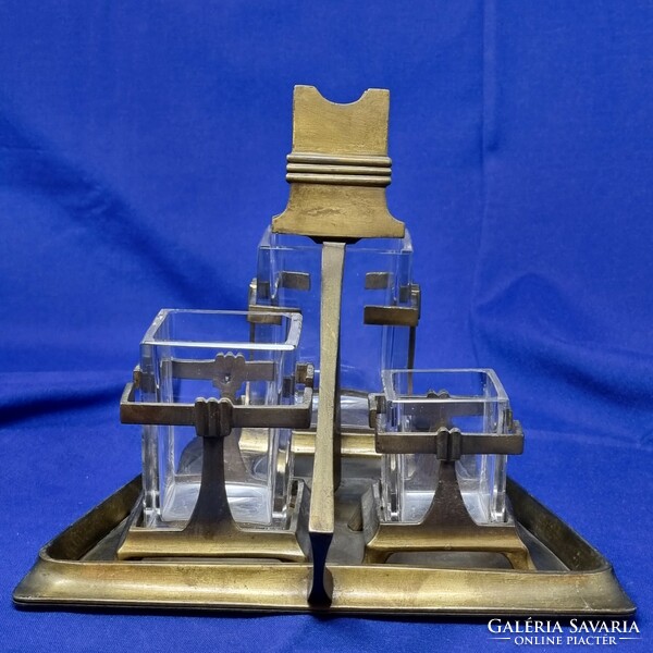 Classic antique art deco table smoking set with polished glass insert for sale.