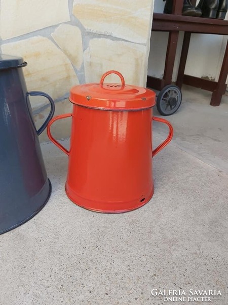 Old red brown gray enameled enameled grease bucket quarry Budafok bonyhád peasant villager