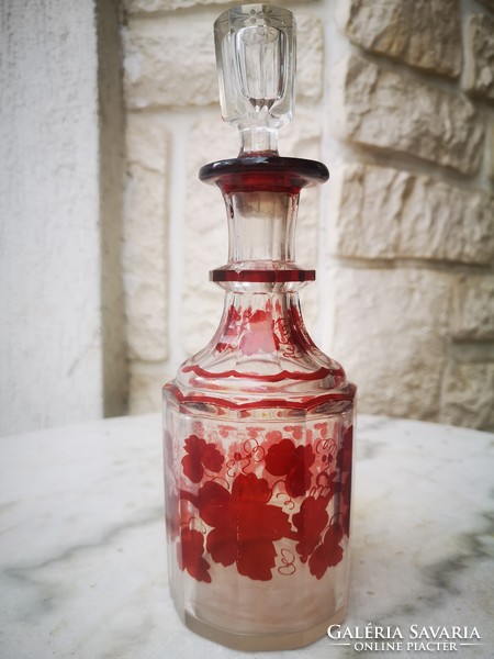 Antique Biedermeier cork bottle liquor carafe ruby Paulite painting for collection 1800s