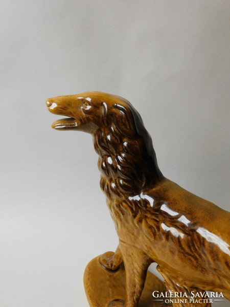 Large faience dog with honey brown glaze - Russian Greyhound