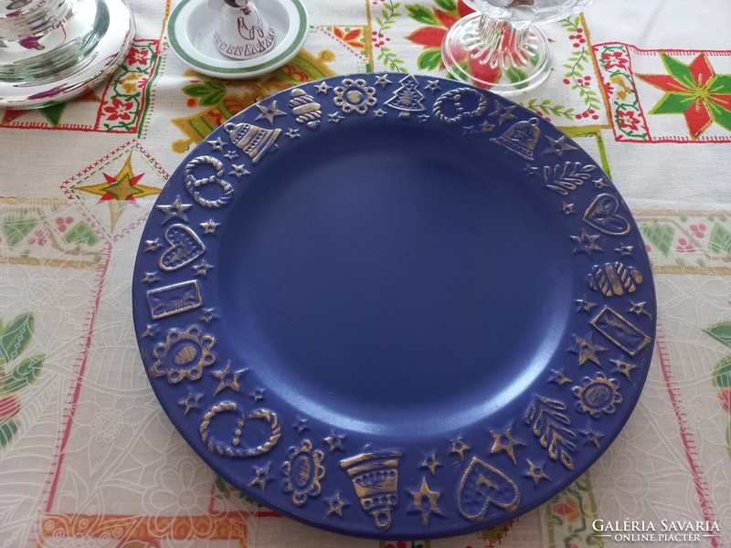 Indigo blue gold Christmas ceramic plate - damaged