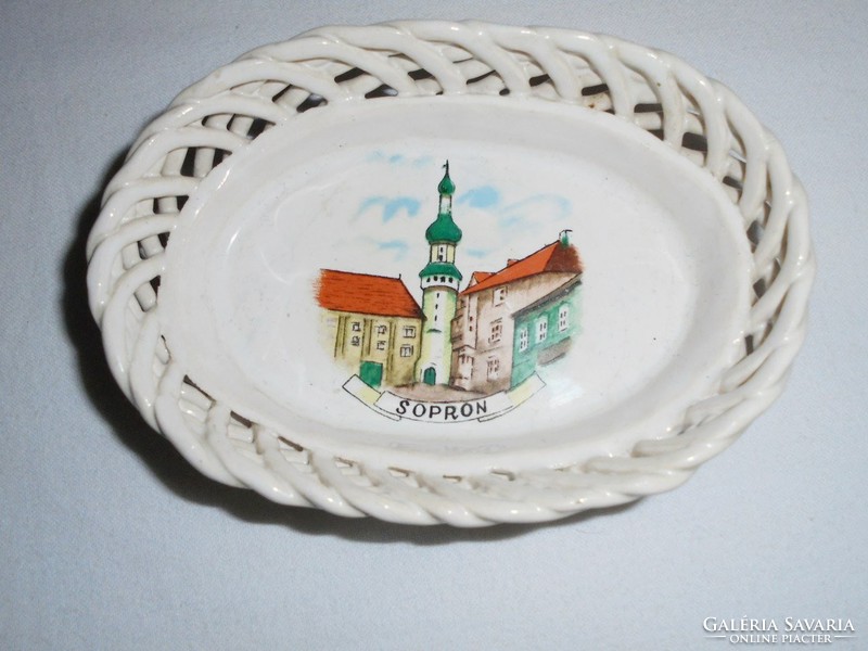 Retro Sopron souvenir ceramic woven openwork bowl basket - with Sopron fire tower image