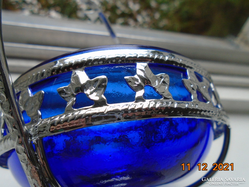 Marked cobalt glass sugar bowl with metal basket