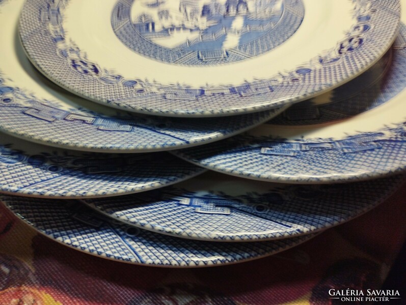 Antique willow English porcelain large flat plate, 6 pcs.