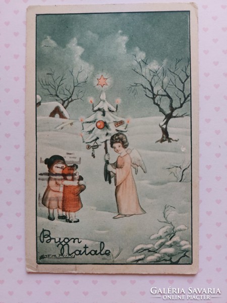 Old Christmas postcard 1940 style postcard with angel Christmas tree in snowy landscape